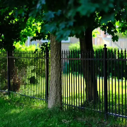 Black tubular steel fence
