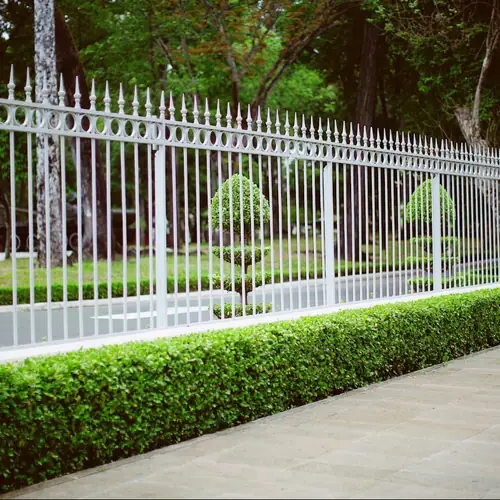 White steel fence with a hedge