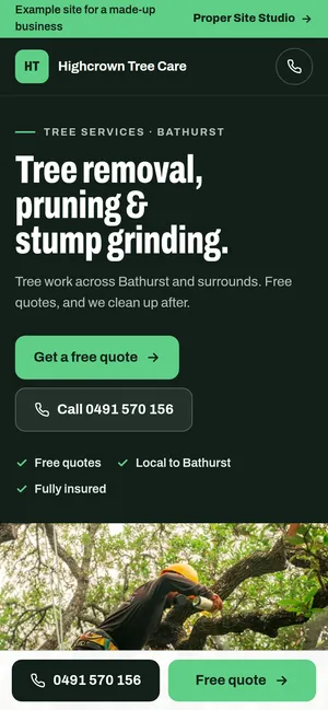 Example tree services website on a phone