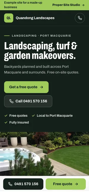 Example landscaping website on a phone